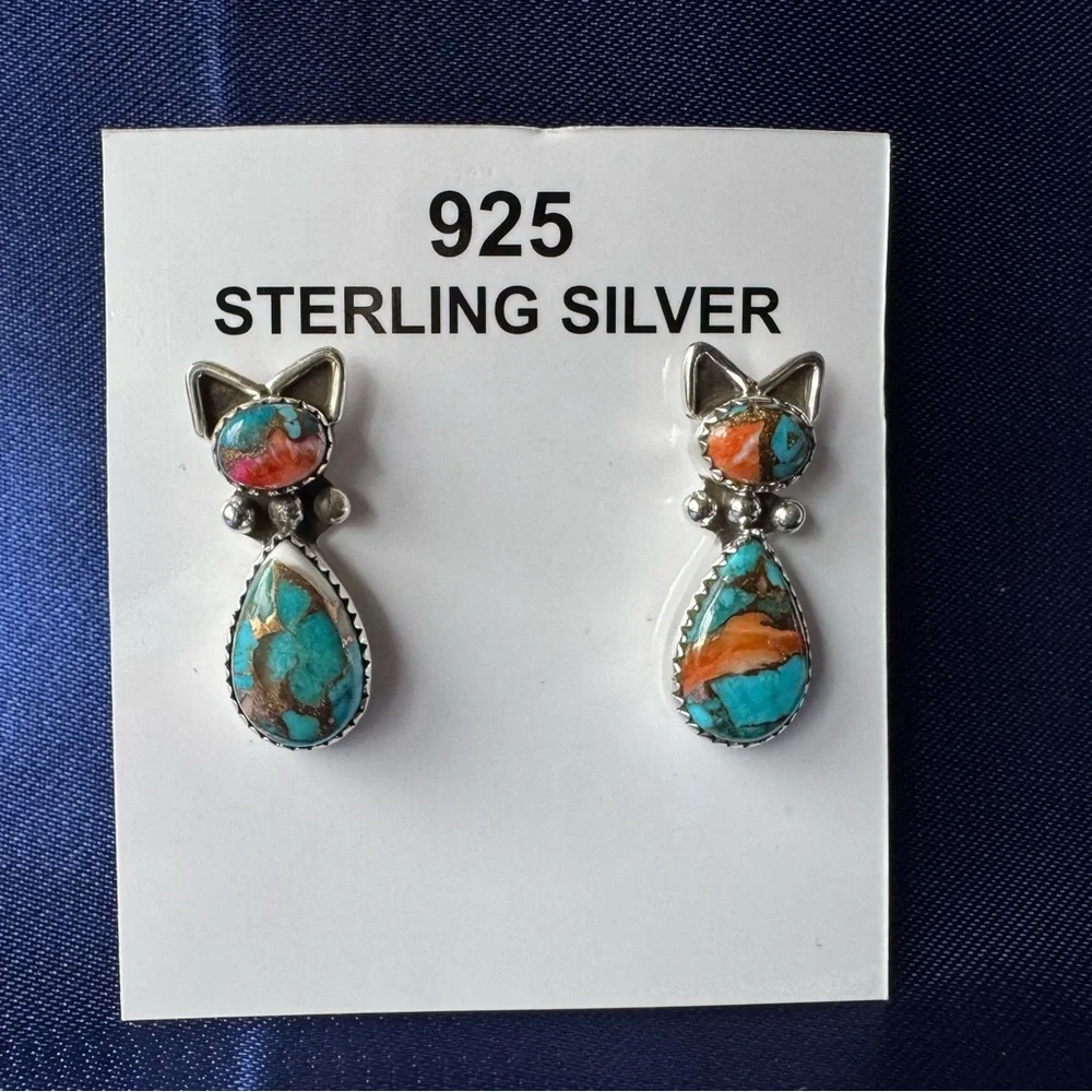 Sterling Silver Cat Earrings with Turquoise and Coral - Picture 3 of 4